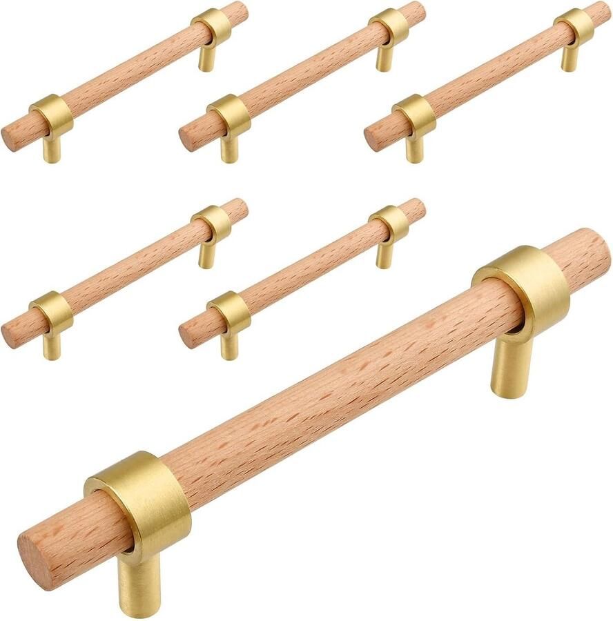 By Shayne Stijlvolle Houten Handgrepen voor Meubels en Keukenkasten met Messing Accent Set van 6