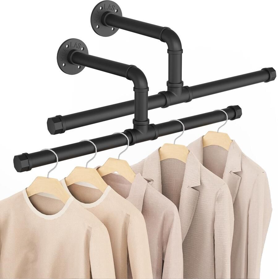 By Shayne Wandgemonteerde Kledingstangen voor Ruimtebesparende Kledingopslag in Industriële Stijl Set van 2 Zwart