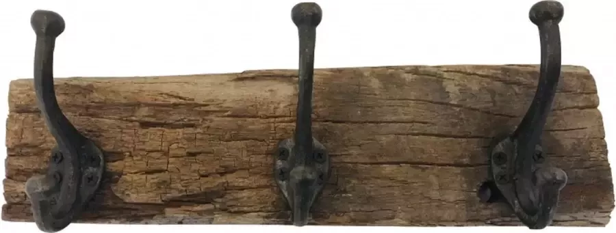 By Varios kapstok drie metalen haken op een balk hout 37 cm lang