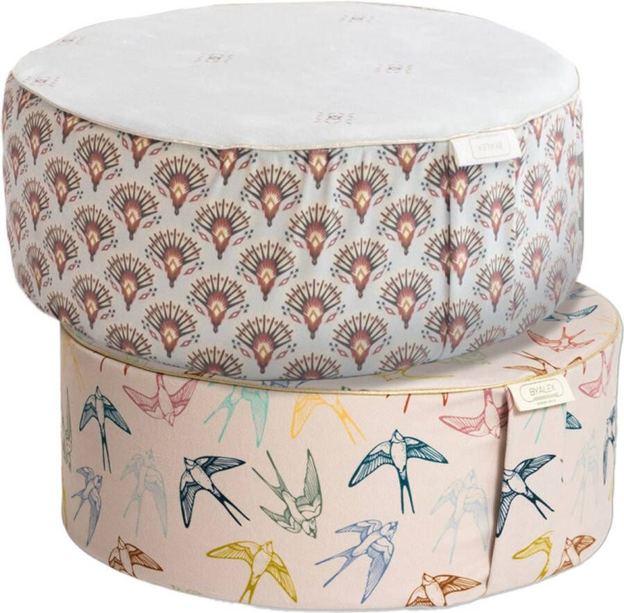 ByAlex Poef Duo Pakket 2 Stuks Rond Meditatiekussen Yoga Kussen met Velvet Hoes 40x30cm Sparrow Flight & Fancy Fan