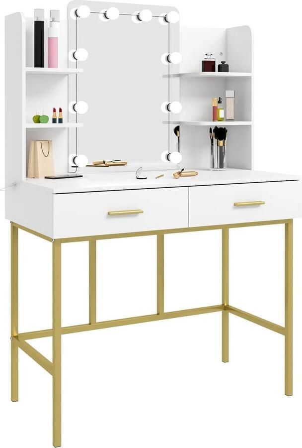 ByBusby Kaptafel Maku-up Tafel Cosmetische Tafel Met Led Lampen Make-Up Organizer Spiegel 2 Laden Opbergplank Wit Goud