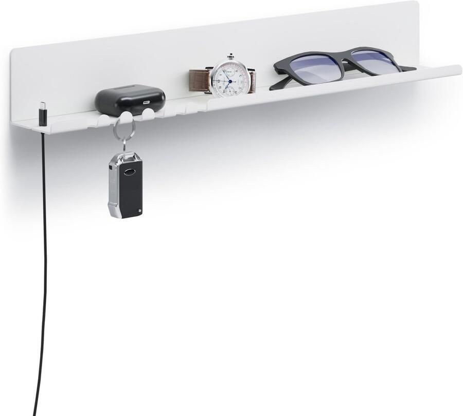 Byde Helke wandplank 44 x 6 x 6 cm 5 haken en kabelhouder hangplank van gepoedercoat plaatstaal sleutelrek organizer en letters voor entree keuken kantoor kleur wit