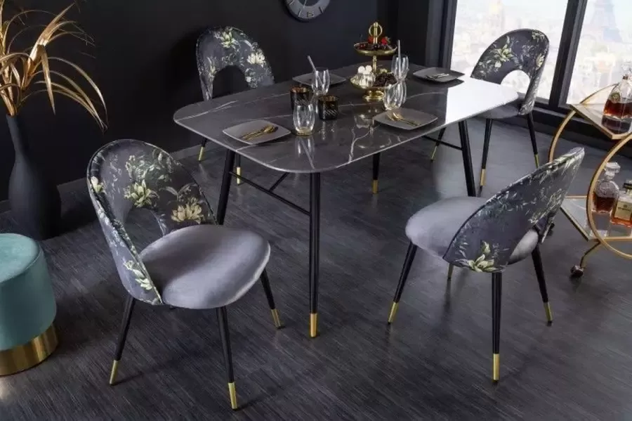 Invicta Interior Design stoel PRÊT-À-PORTER grijs fluweel bloemmotief en gouden voetdoppen 41703 - Foto 1