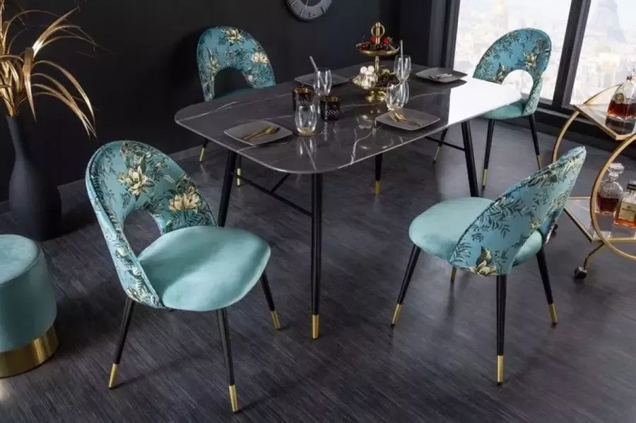Invicta Interior Design stoel PRÊT-À-PORTER turquoise fluweel bloemmotief en gouden voetdoppen 41702 - Foto 1