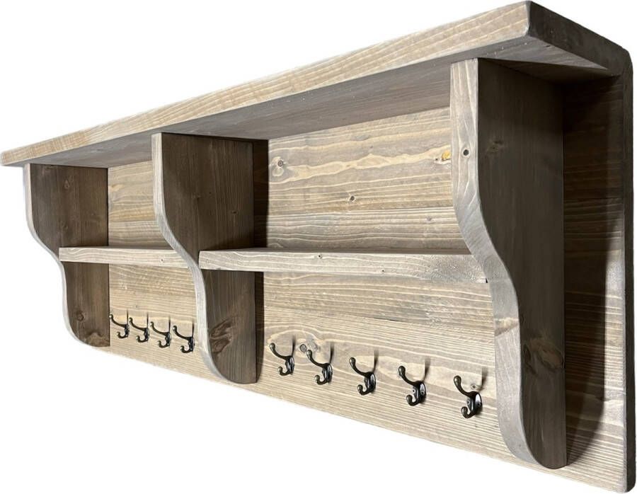 C&M Exclusive 120 cm Lange Kapstok 10 Haken Handgemaakte Houten Wandkapstok Steigerhouten kapstok met hoedenplank compleet geleverd incl. Ophanging ophangsysteem