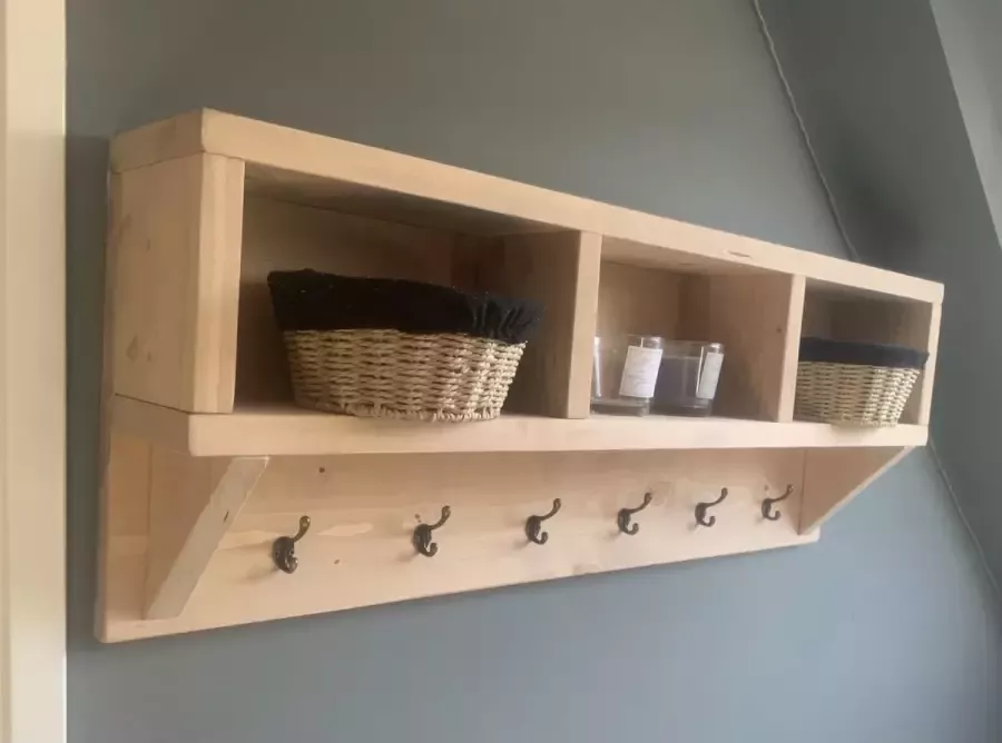C&M Exclusive 6-haakse steigerhouten kapstok 100cm lang wandkapstok steigerhout Old Brown inclusief haken compleet geleverd wanddecoratie- decoratie- landelijk interieur