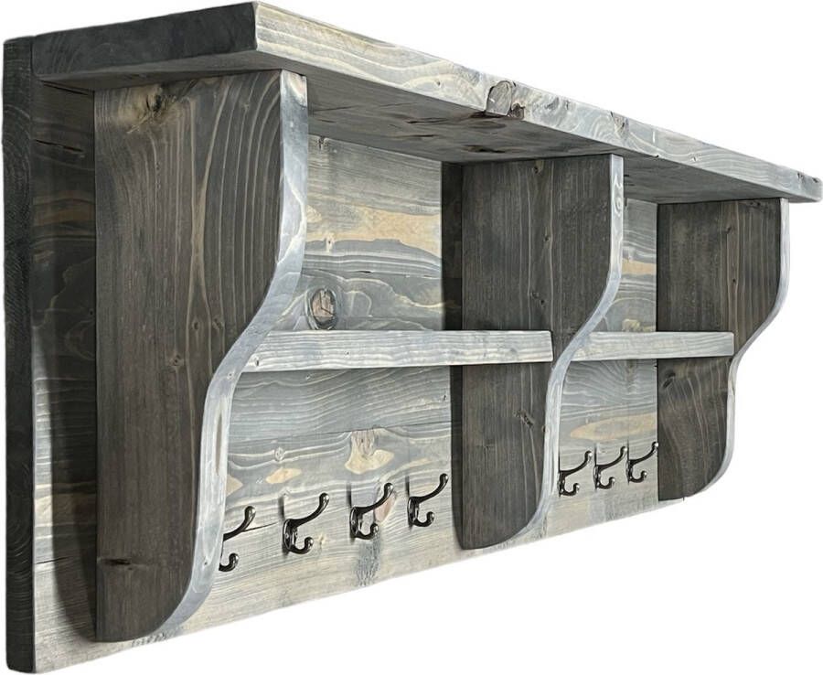 C&M Exclusive Houten kapstok 6 Haken 120 cm Antraciet wandkapstok Landelijk Steigerhout