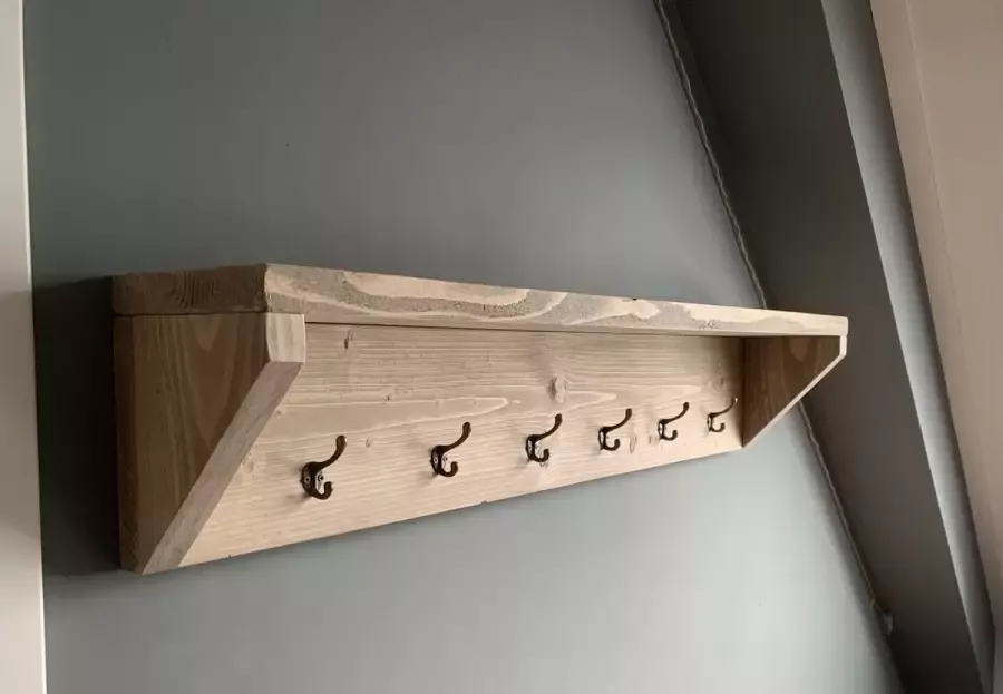C&M Exclusive 6-haakse steigerhouten kapstok 90 cm lang wandkapstok van steigerhout in vergrijsd Noten inclusief haken compleet geleverd wanddecoratie- decoratie- landelijk interieur
