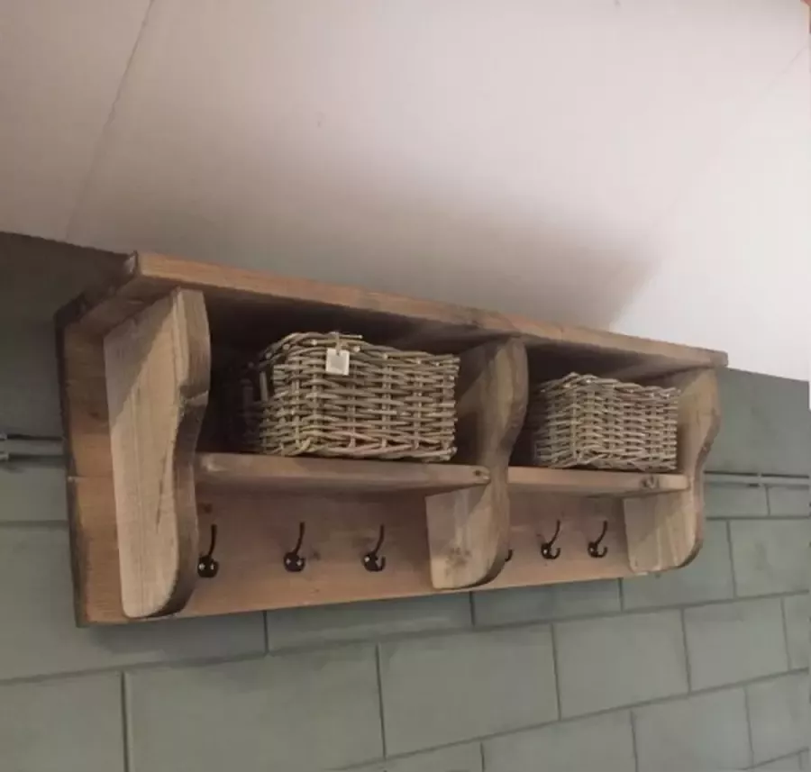 C&M Exclusive 8-Haakse luxe houten Wandkapstok gemaakt van steigerhout in Old Brown compleet geleverd incl. Ophanghaken ophangsysteem Steigerhouten kapstok voor aan de muur