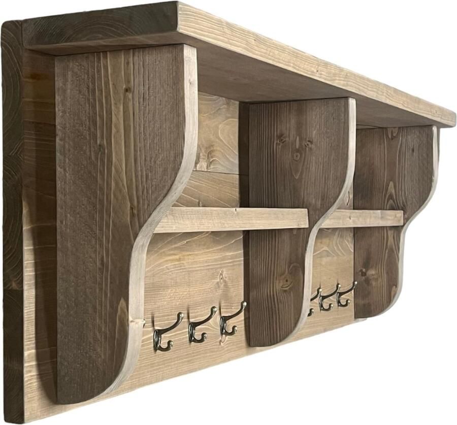 C&M Exclusive 120 cm Lange Kapstok 10 Haken Handgemaakte Houten Wandkapstok Steigerhouten kapstok met hoedenplank compleet geleverd incl. Ophanging ophangsysteem