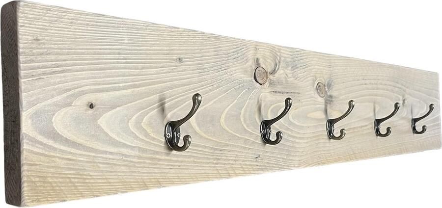 C&M Exclusive 5-haakse Houten kapstok Steigerhouten wandkapstok in vergrijsd Noten 90 cm lang incl. ophanghaken