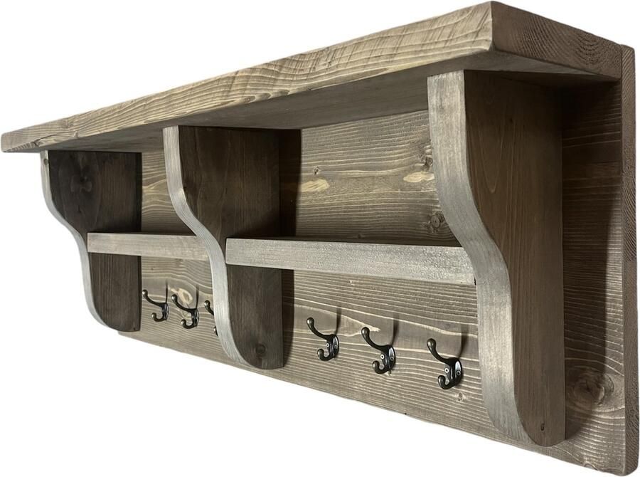 C&M Exclusive 90 cm Lange Kapstok 6 Haken Handgemaakte Houten Wandkapstok Steigerhouten kapstok met hoedenplank compleet geleverd incl. Ophanging ophangsysteem