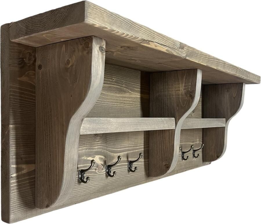 C&M Exclusive 90 cm Lange Kapstok 6 Haken Handgemaakte Houten Wandkapstok Steigerhouten kapstok met hoedenplank compleet geleverd incl. Ophanging ophangsysteem - Foto 2