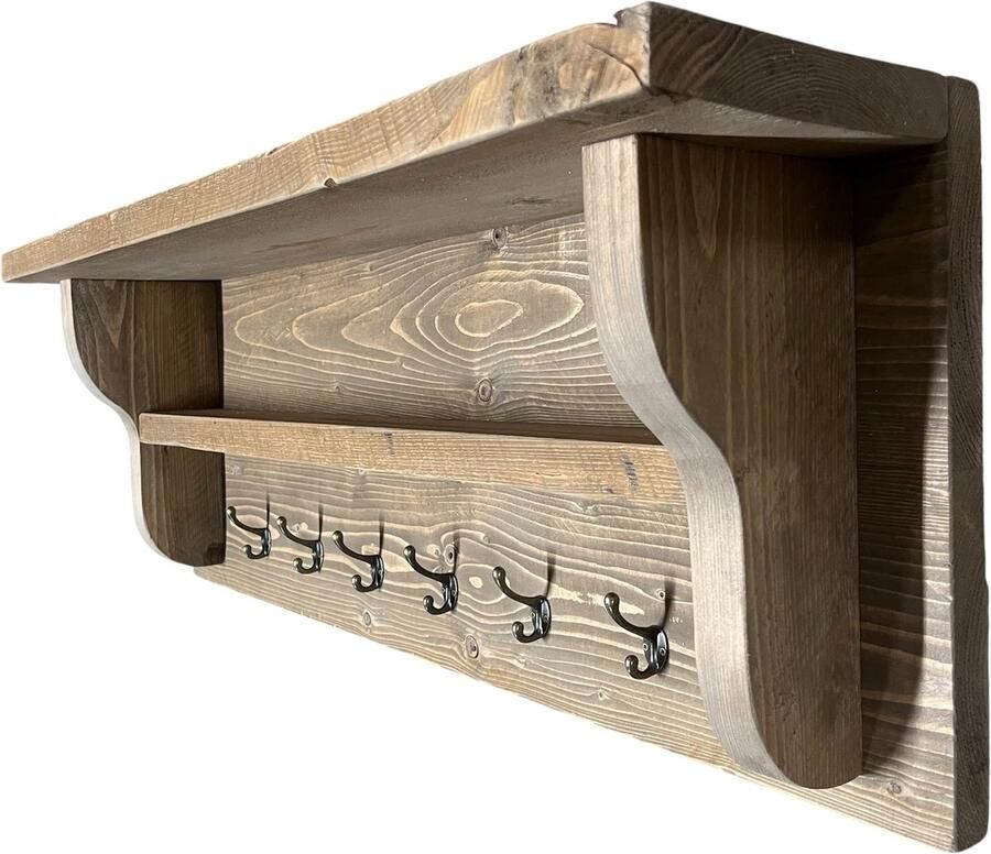 C&M Exclusive 90 cm Lange Kapstok 6 Haken Handgemaakte Houten Wandkapstok Steigerhouten kapstok met hoedenplank compleet geleverd incl. Ophanging ophangsysteem
