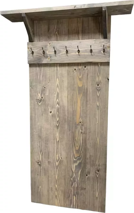 C&M Exclusive Steigerhouten kapstok met hoedenplank 168 cm hoog met 7 haken in GreyWash wandkapstok groot wandbord wand decoratie