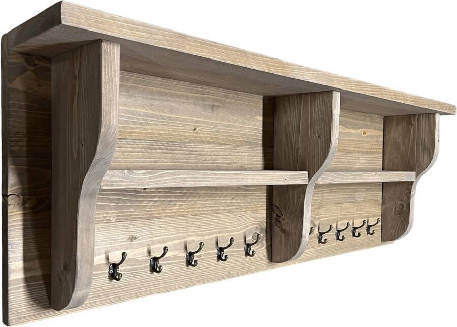 C&M Exclusive 10-Haakse Robuuste kapstok steigerhout 120cm lang houten wandkapstok