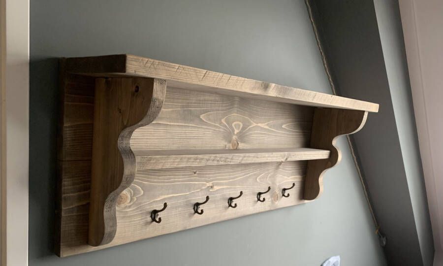 C&M Exclusive Houten Kapstok Antraciet 5 haken 100 cm lang Steigerhouten wandkapstok Donkergrijs