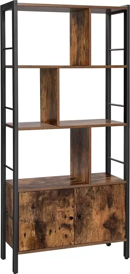 C90 boekenkast met 4 open legplanken staande boekenkast ruime woonkamerkast keuken kantoor stalen frame industrieel ontwerp vintage bruin-zwart