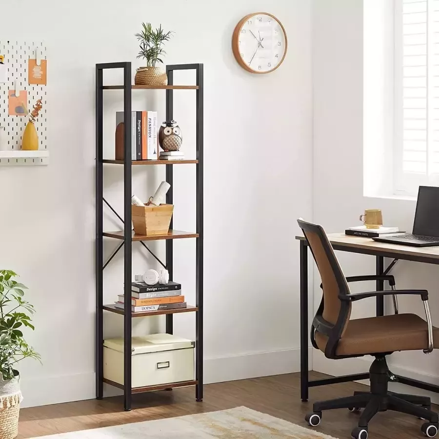 C90 boekenkast opbergrek met 5 legplankniveaus open legplanken voor kantoor woonkamer slaapkamer 40 x 30 x 146 cm vintage bruin-zwart LLS100B01