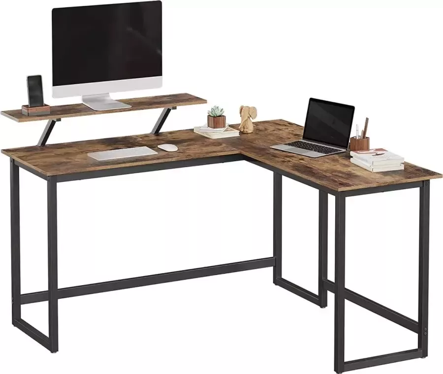 C90 Bureau L-vormig computerbureau met beweegbare monitorbevestiging 140 x 130 x 76 cm vintage bruin-zwart