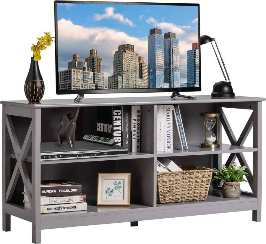 c90 Houten tv-meubel tv-tafel tv-kast tv-plank voor TV's tot 55 inch 3-laags entertainment center met opbergplanken industriële rustieke tv lowboard voor woonkamer & slaapkamer 120 x 41 x 60 cm (Grijs)