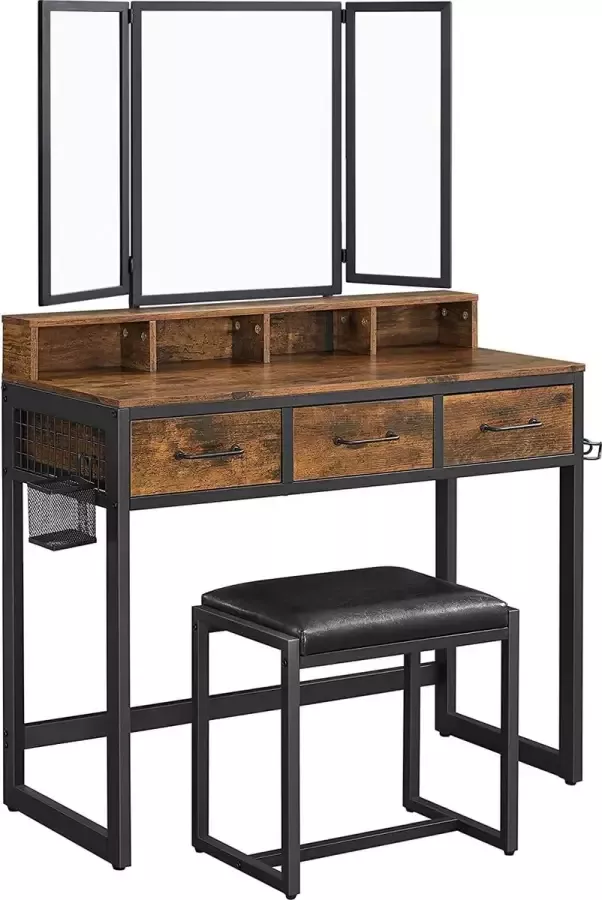 C90 kaptafel Dressing Table met 3-delige klapspiegel Haardroger Houder make up tafel met gestoffeerde kruk 3 lades vintage bruin-zwart