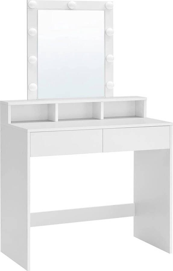 c90 kaptafel make up tafel met spiegel en gloeilampen cosmetische tafel met 2 lades en 3 open vakken 80 x 40 x 145 cm wit