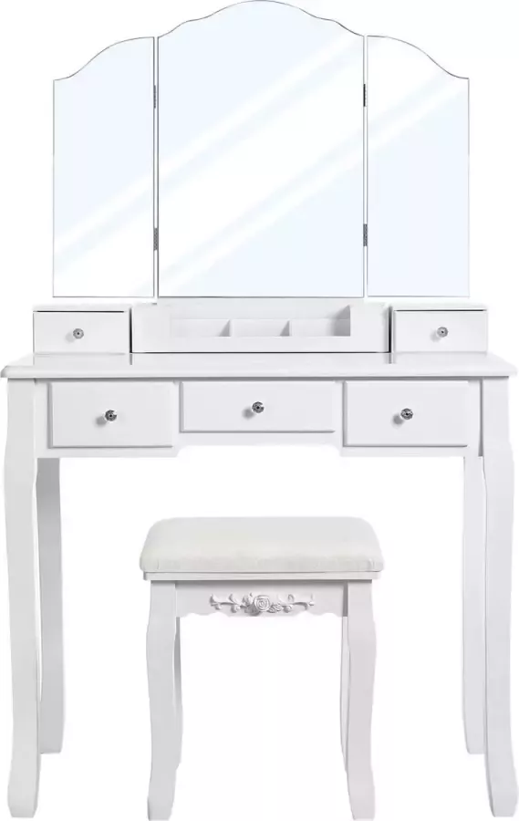 C90 kaptafel met opklapbare spiegel en 5 laden cosmetische tafel met uitneembare make-up organizer met krukje wit RDT28WT