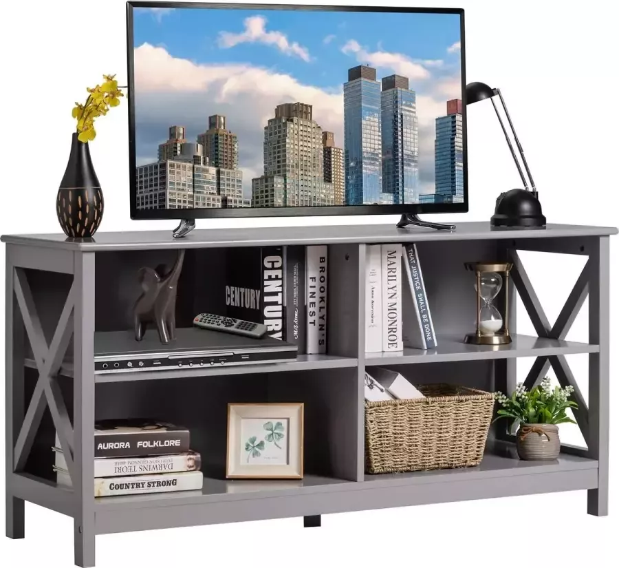C90 LUXGOODS Houten tv-meubel tv-tafel tv-kast tv-plank voor TV's tot 55 inch 3-laags entertainment center met opbergplanken industriële rustieke tv lowboard voor woonkamer & slaapkamer 120 x 41 x 60 cm (Grijs)