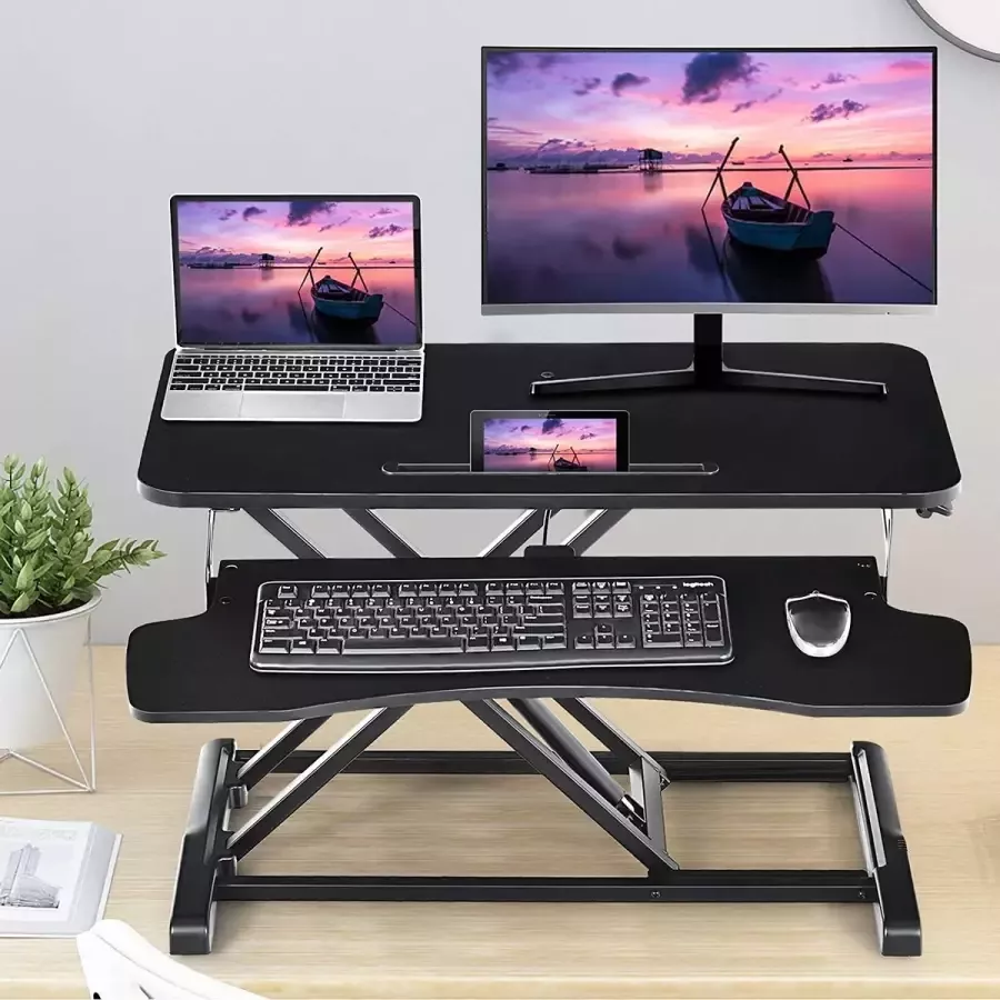 C90 LUXGOODS Zit-sta werkstation zit-sta bureauconverter in hoogte verstelbare staande bureau verhoger met grote tafelblad 80 x 40cm geïntegreerde gasdrukveer ergonomisch bureau zit-sta-bureau voor computer laptop (Zwart)