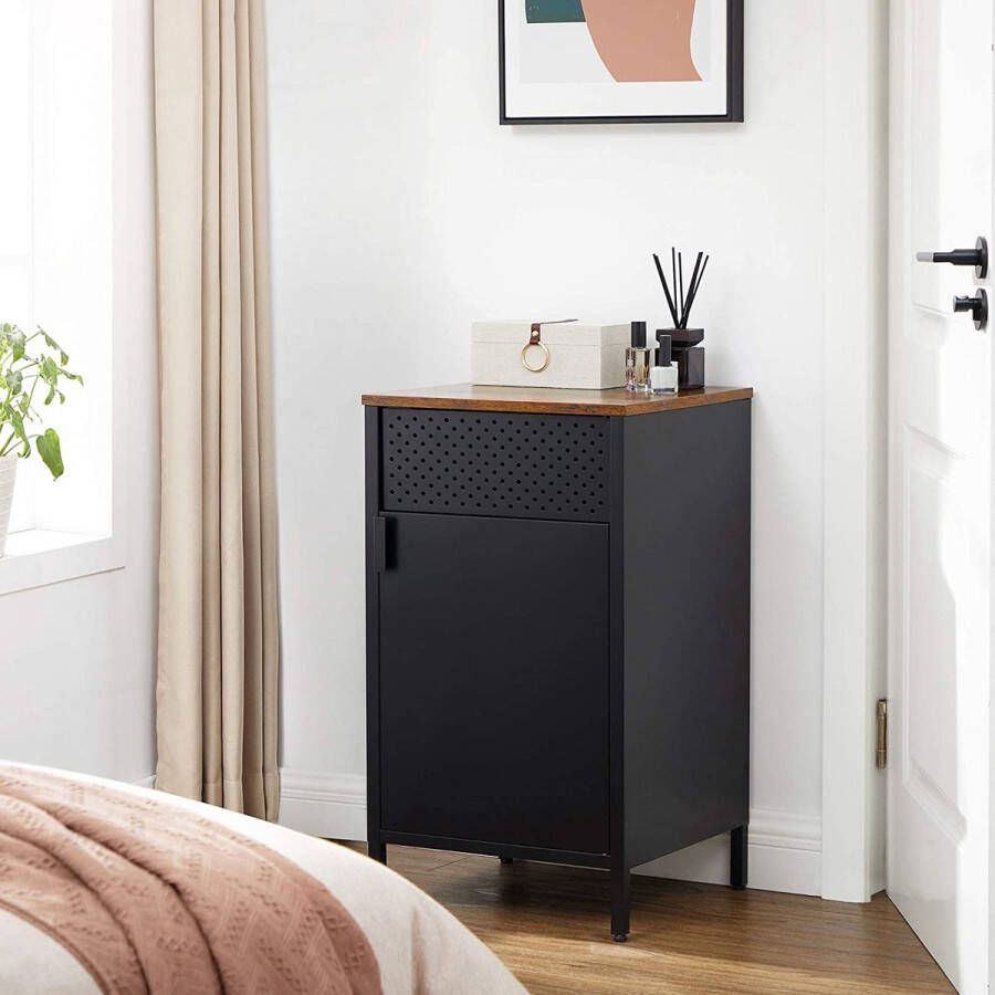 C90 Opslagkast vloerkast met deur dressoir met verstelbare plank stalen frame ruimtebesparend industriële stijl rustiek bruin en zwart LSC101B01