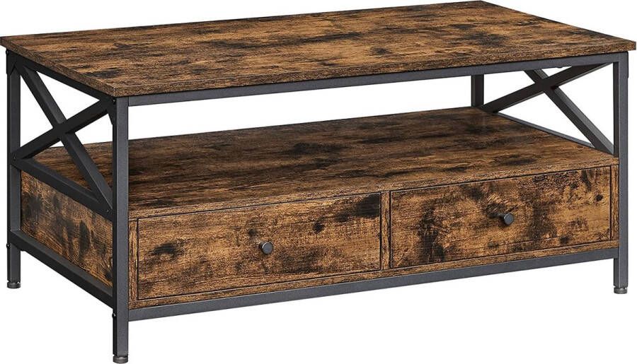 c90 Salontafel woonkamertafel met laden 100 x 55 x 45 cm sofatafel voor in de woonkamer X-vormige schragen open plank industrieel ontwerp vintage bruin-zwart