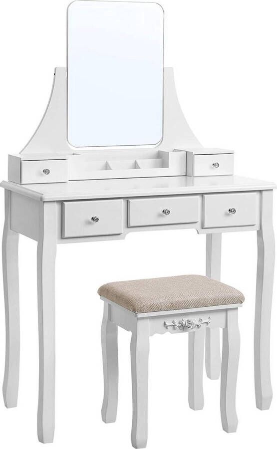 c90 toilettafel met grote en frameloze spiegel moderne kaptafel afneembare organizer kruk van rubberhout 5 schuifladen voor slaapkamer garderobe wit