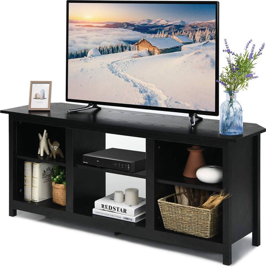 c90 TV meubel 2-laags TV-tafel 147 cm TV lowborad entertainment media console center voor TV tot 165 cm huiskamer meubilair TV-kast met open planken voor 18 inch elektrische open haard (niet inbegrepen) (Zwart)