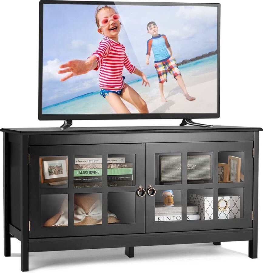 c90 tv meubel tv-tafel tv-kast tv-plank tv-standaard universele vlakscherm TV console media center met getemperd glas deuren kabel management gaten stabiele moderne tv-kast lowboard voor de woonkamer slaapkamer 114 x 48 5 x 61 cm (Zwart)