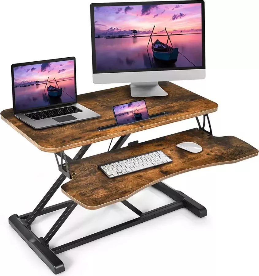 Zit-sta werkstation zit-sta bureauconverter in hoogte verstelbare staande bureau verhoger met grote tafelblad 80 x 40cm geïntegreerde gasdrukveer ergonomisch bureau zit-sta-bureau voor computer laptop (Natuurlijk)