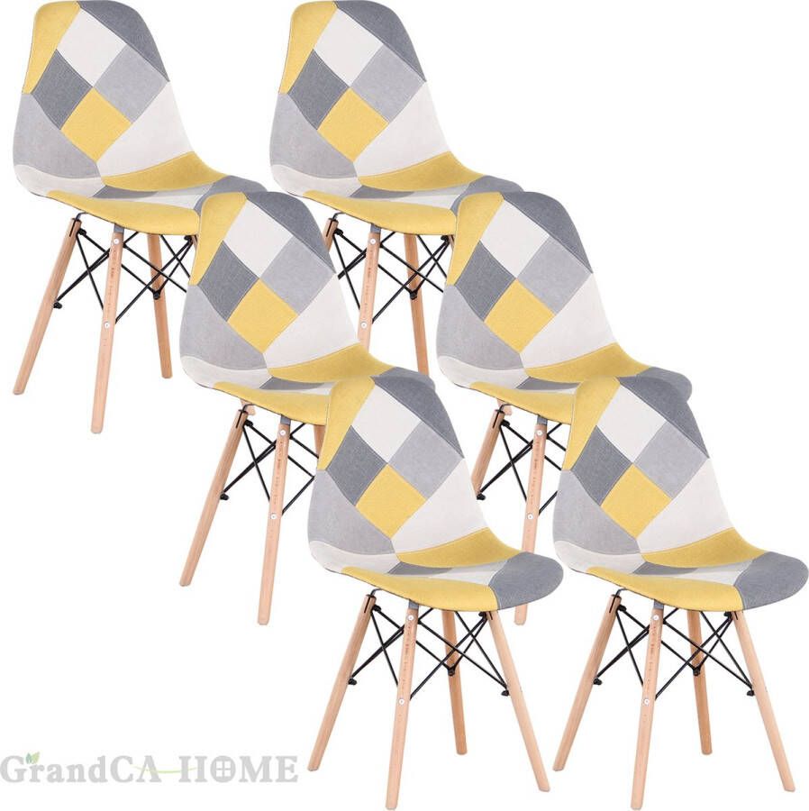 CA Eetkamerstoelen Set 6 Stuks Nordic Stijl Rugleuning Houte poten Geel Patroon