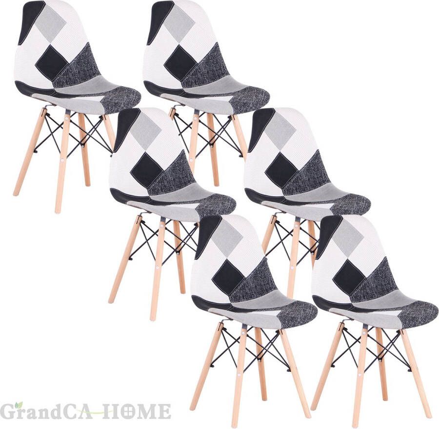 CA Eetkamerstoelen Set 6 Stuks Nordic Stijl Rugleuning Houte poten Grijs Patroon