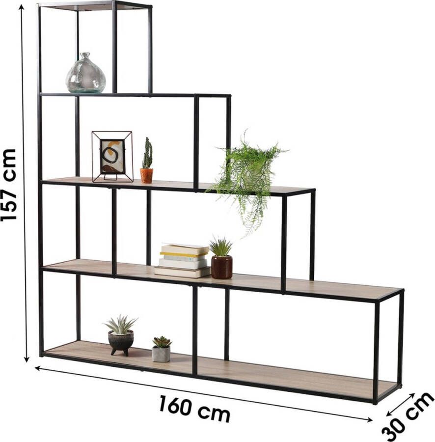 Urban Living Boekenkast met 5 niveaus en Design Trap Decoratie Hout en Zwart Metaal L160 x H157 cm Colorado