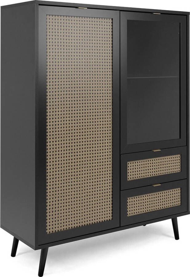 Finori Vaisselier 2 portes 2 tiroirs impression cannage et noir Vienna L101 4 x H139 cm