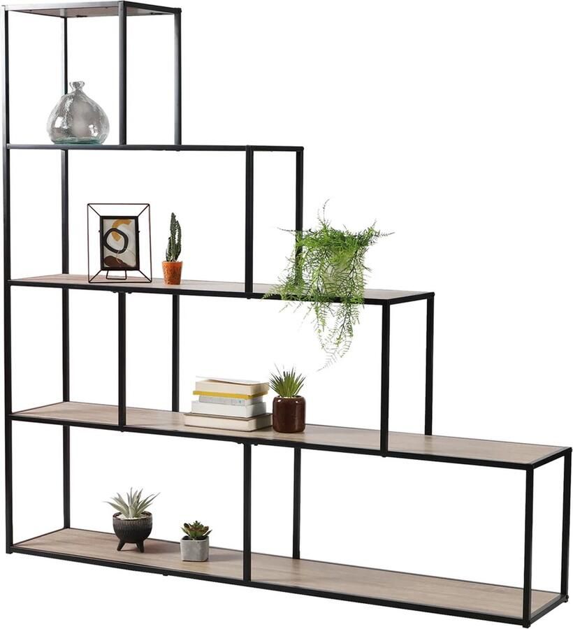 Urban Living Boekenkast met 5 niveaus en Design Trap Decoratie Hout en Zwart Metaal L160 x H157 cm Colorado - Foto 2