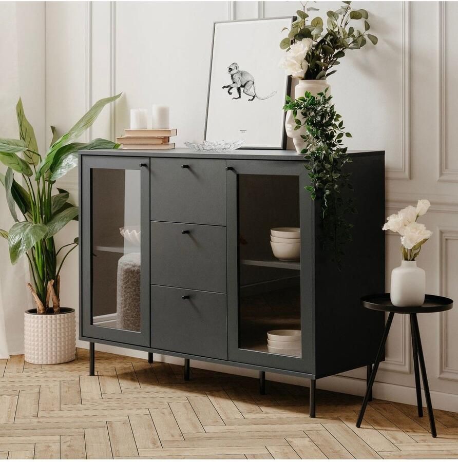 Merkloos CARACAS eetkamerdressoir Marineblauw decor 2 glazen deuren + 3 laden L120 x H90 x D40 cm