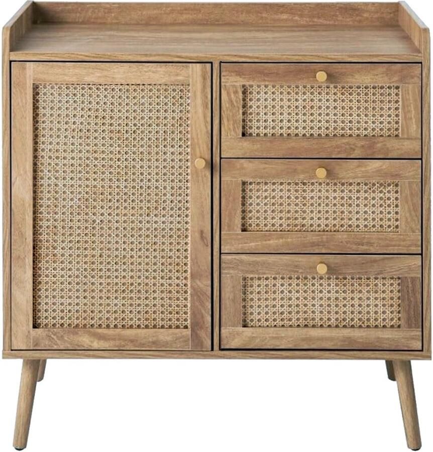 CaliCosy Commode met 1 deur en 3 lades rotan fronten en houten poten L80 cm PALMO