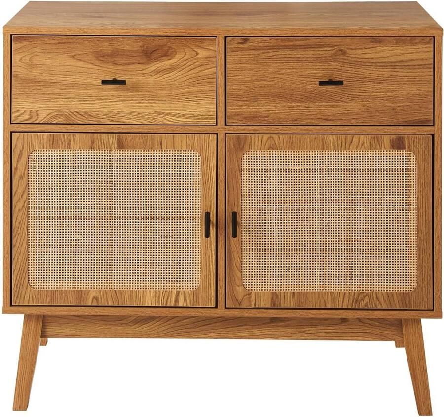 CaliCosy Commode met 2 deuren met rotan fronten 2 lades en houten poten L90 cm