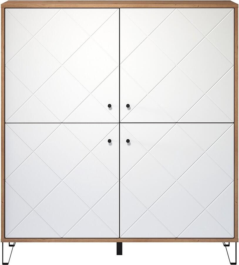 Trendteam smart living woonkamer highboard kast Touch 123 x 136 x 40 cm romp ambachtelijk eiken voorzijde mat wit met metalen poten en gestructureerde fronten - Foto 2
