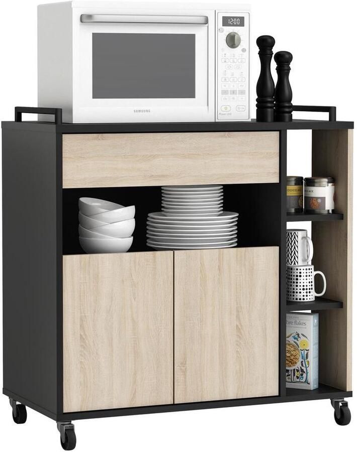 CaliCosy EMOB Keukentrolley Inès-ruwe eik zwart CBA Keukentrolleys Bruin; Zwart Melamine; Kunststof; Spaanplaat Keukentrolleys Op voorraad - Foto 2