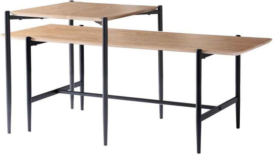 CaliCosy Set van 2 houten salontafels in nestvorm met zwarte metalen poten L100 cm JESSIE