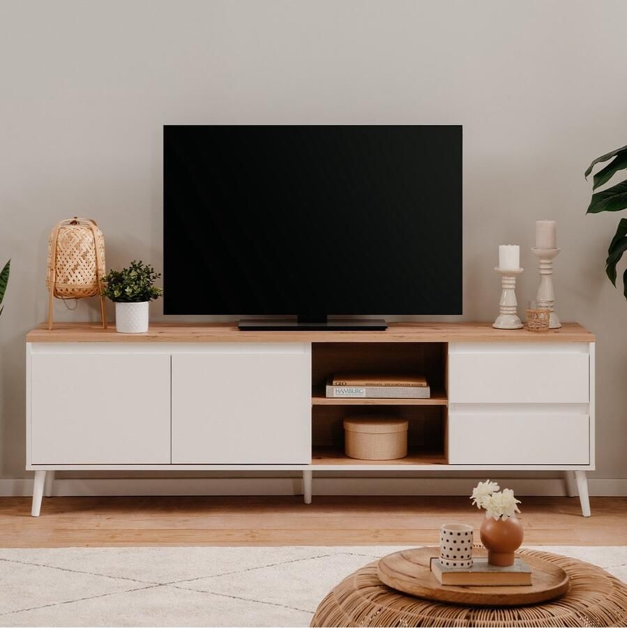 Merkloos Linz 56A TV-meubel Wit decor ambachtelijk eiken Spaanplaat 186 x 59 x 36 cm