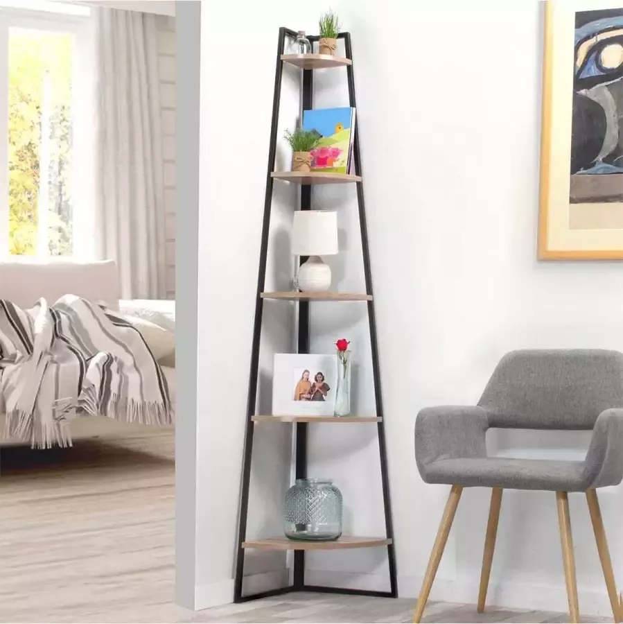 Hoekkast met 5 planken Boekenkast met houten planken Vakkenkast hoekplanken Mat zwart