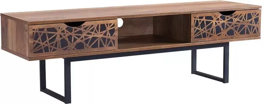 CaliCosy Meuble TV 2 tiroirs et une niche décor bois et motifs noir L140 cm Anaëlle